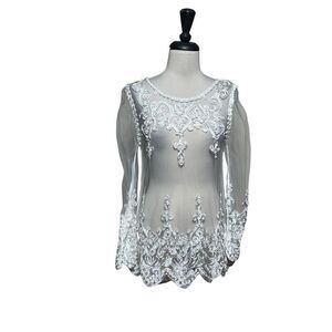 Embroidered Stitched Ribbon Sheer White Long Sleeve Blouse Bridal Small